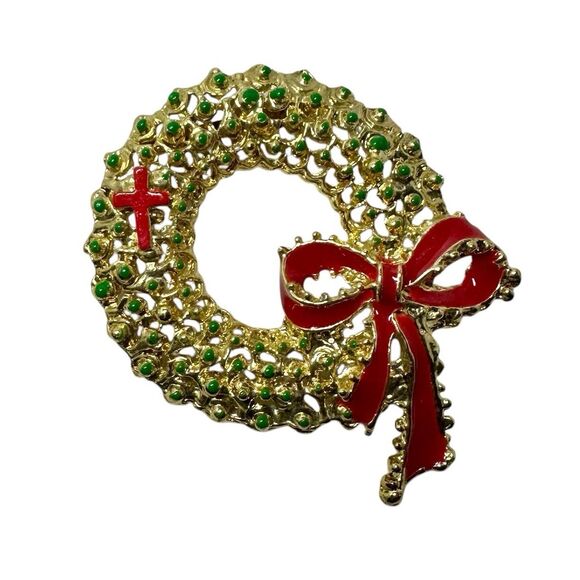 Emerald Green and Cherry Red Enamel, Clear Rhinestone, and Gold Tone Openwork Re - Picture 1 of 2